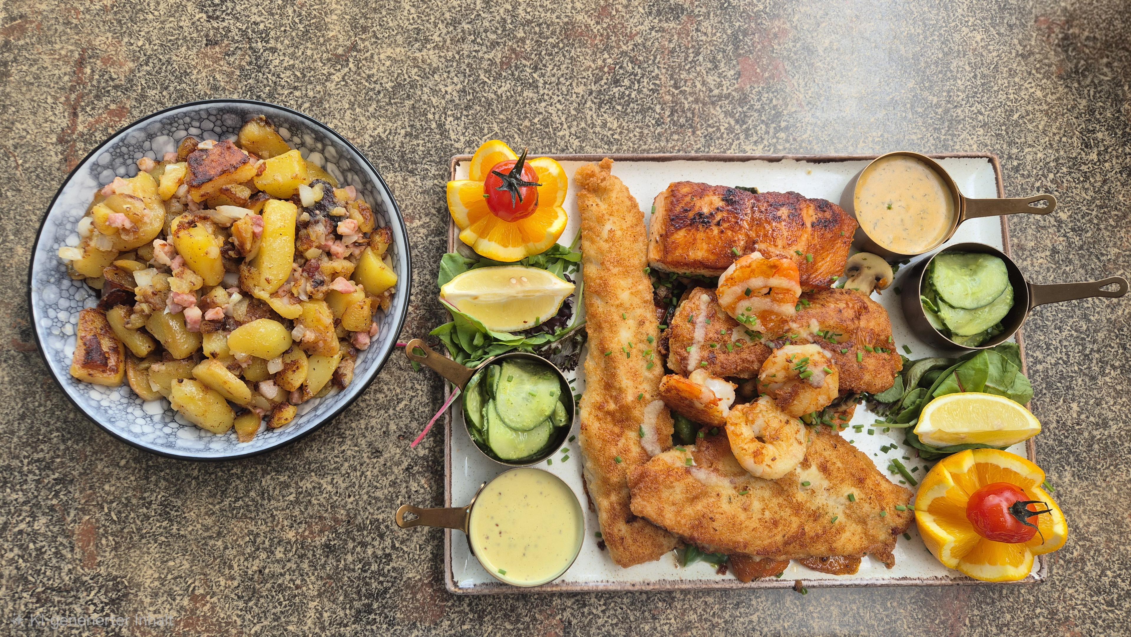 Eine Fischplatte für 2 mit verschiedenen Fischsorten, Soßen, Gurkensalat und einem Extrateller mit Bratkartoffeln. /
A fish platter for two, featuring a variety of fish, sauces, cucumber salad and a separate plate of fried potatoes.