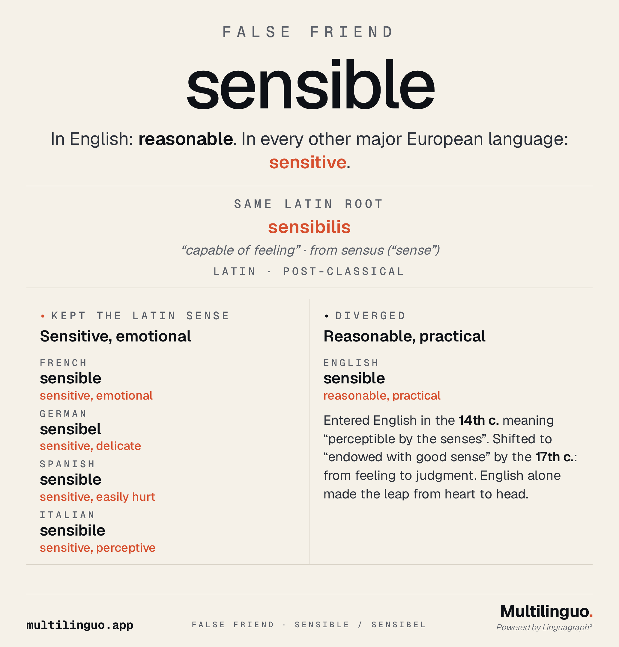 False Friend card. Header "FALSE FRIEND". Hero: "sensible". Sub-line "In English: reasonable. In every other major European language: sensitive" with sensitive in ember. Latin root sensibilis in ember, gloss "capable of feeling" from sensus. Two columns: Left "KEPT THE LATIN SENSE — Sensitive, emotional" with FR sensible, DE sensibel, ES sensible, IT sensibile and glosses in ember. Right "DIVERGED — Reasonable, practical" with EN sensible plus body: "Entered English in the 14th c. meaning perceptible by the senses. Shifted to endowed with good sense by the 17th c.: from feeling to judgment. English alone made the leap from heart to head." Multilinguo footer.
