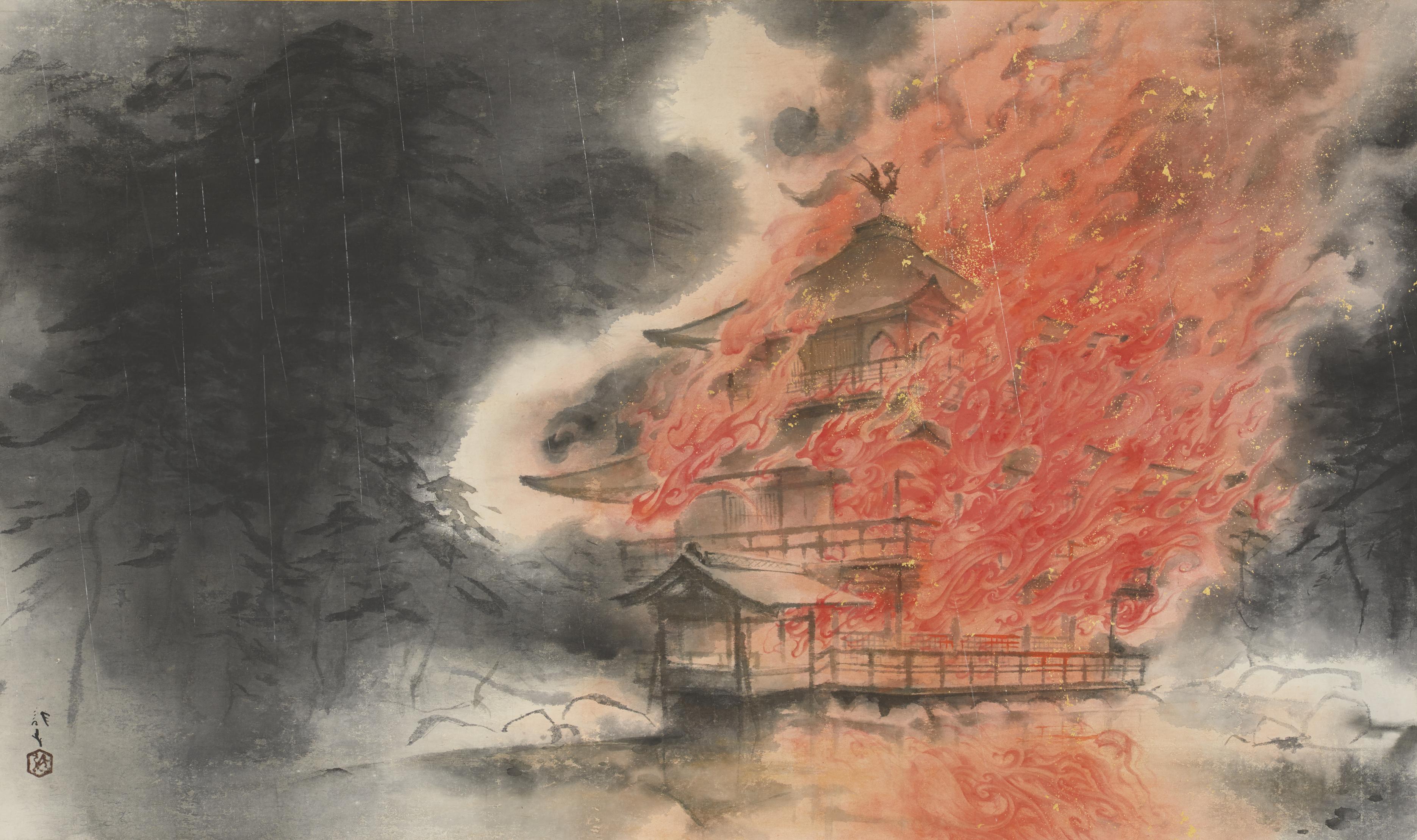 Kawabata Ryushi's (川端龍子 1885-1966) painting of Kinkaku-ji in flames.

Image thanks - https://ja.ukiyo-e.org