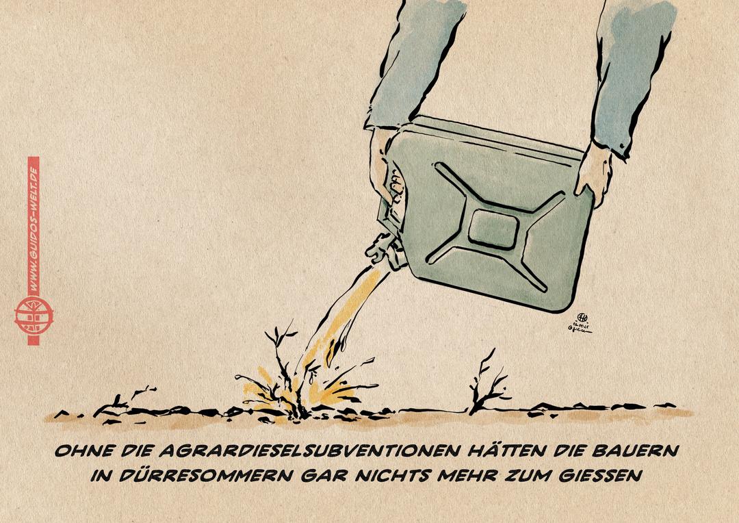 Illustration von 2025: ein Dieselkanister, mit dem junge Pflänzchen gegossen werden. Textzeile: Ohne die Agrardieselsubventionen hätten die Bauern in Dürtresommern gar nichts mehr zum Gießen. Die Zeichnung ist von 2025 Illustration von 2025: ein Dieselkanister, mit dem junge Pflänzchen gegossen werden. Textzeile: Ohne die Agrardieselsubventionen hätten die Bauern in Dürtresommern gar nichts mehr zum Gießen. Die Zeichnung ist von 2025