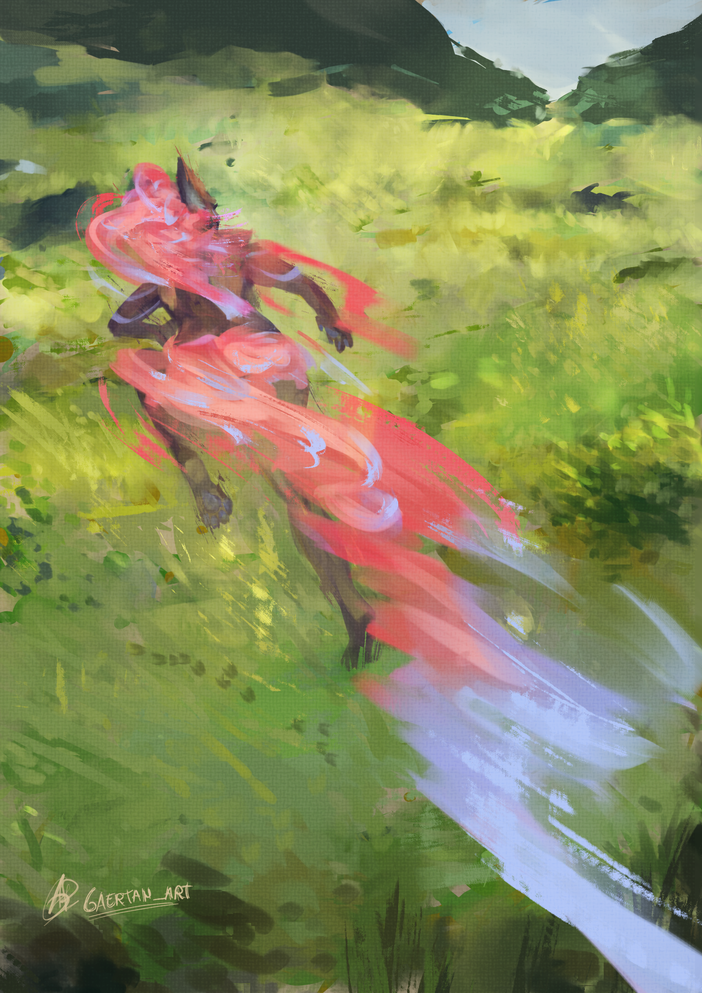 digital illustration in a very painterly style depicting an anthropomorphic kitsune(a canine) in the middle of a flower field, running towards the horizon. She can be seen with a trail of almost flower like patterns that also resemble hair coming from the head and waist (like a tail) flowing towards the foreground in a zig zag pattern. The whole things is done to remind people of Okami (game) 2 and is a direct reference, but replacing the character.