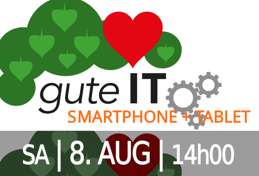 Logo der "guten IT": Grüne Wolke, rotes Herzchen und drei kleine Zahnräder.
Hinweis auf die Veranstaltung am Samstag, 8.August, 14:00 Uhr.