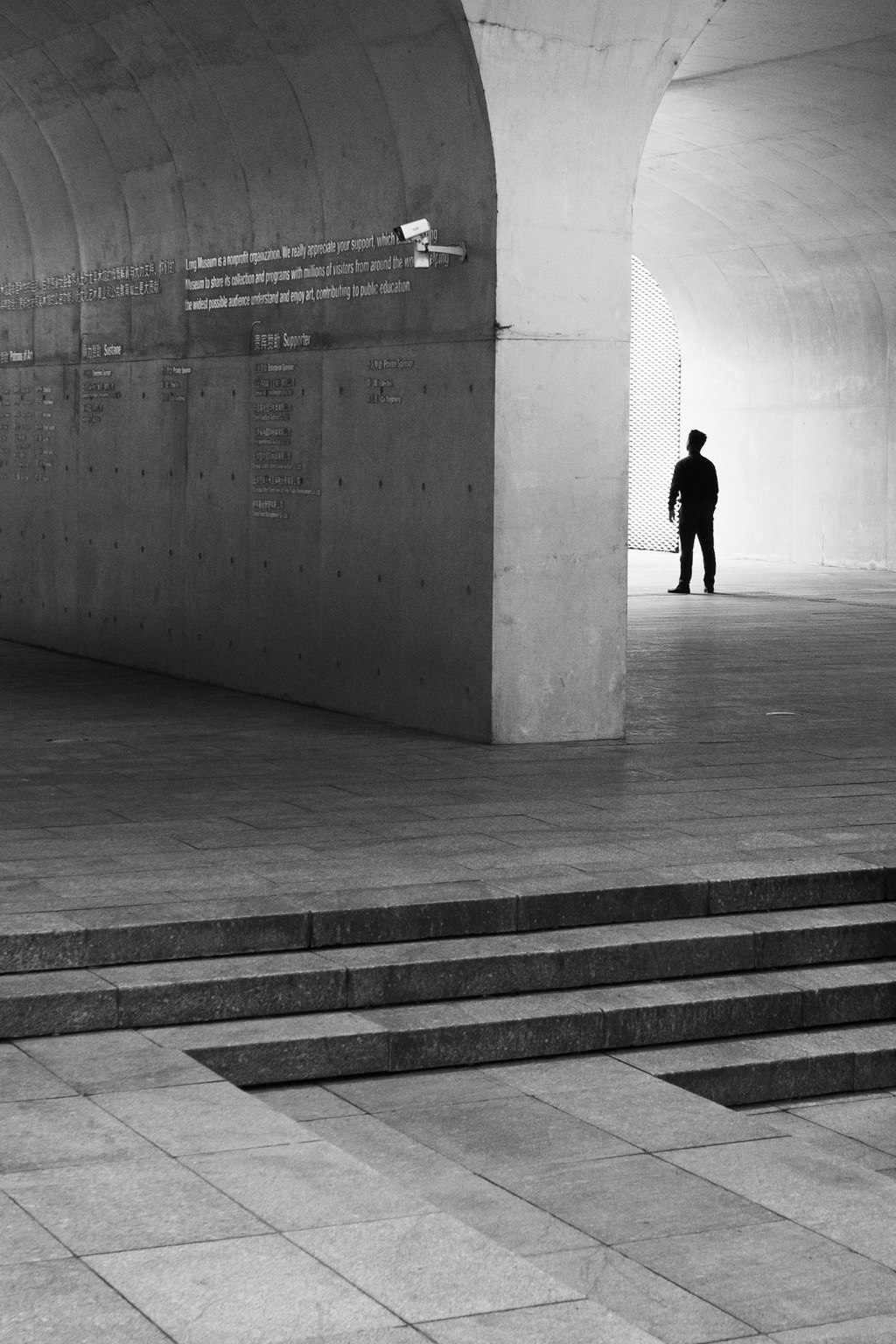 A monochrome image of a man looking off in the distance while a security camera points the other way.
