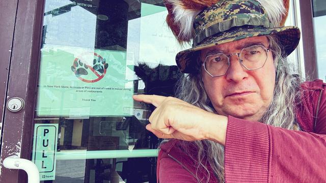 That's me wearing a sour, aged face with a camoflauge boonie cap and fox ears I got off Temu and long curly hair getting dangerously like anime character hair.  I'm wearing an overly well warn maroon hoodie that fits my fall color scheme and i am pointing at a sign at a restaurant with two paws crossed out with a now sign to say that animals are not allowed 