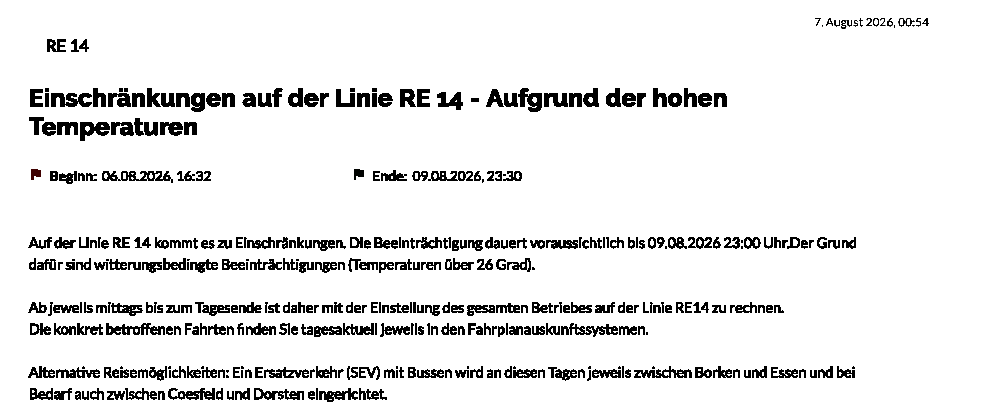 Hinweis auf Verkehrseinstellung wegen hoher Temperaturen (über 26 Grad)