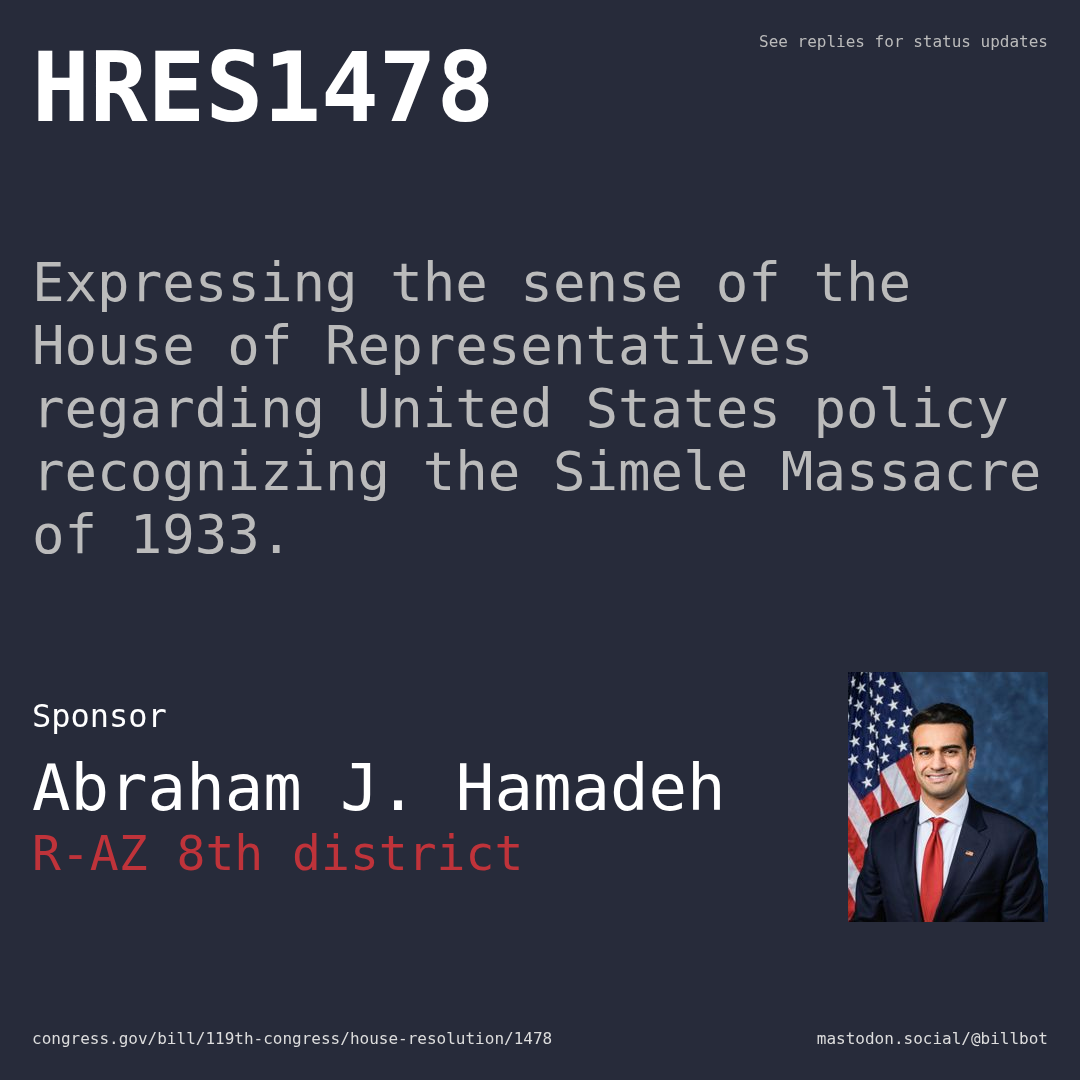 Description of HRES1478, and a depiction of its sponsor, Abraham J. Hamadeh.