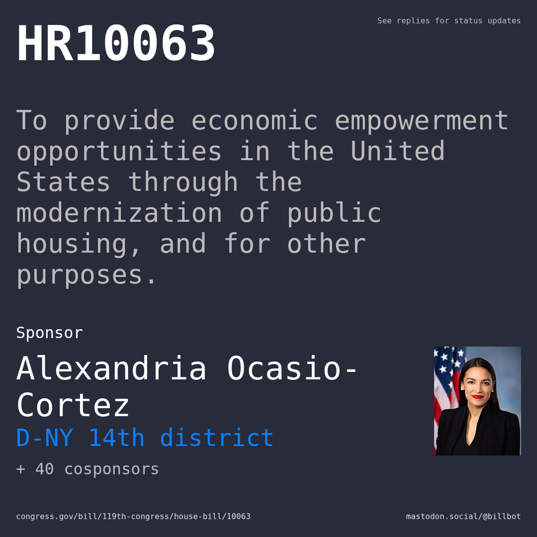 Description of HR10063, and a depiction of its sponsor, Alexandria Ocasio-Cortez.