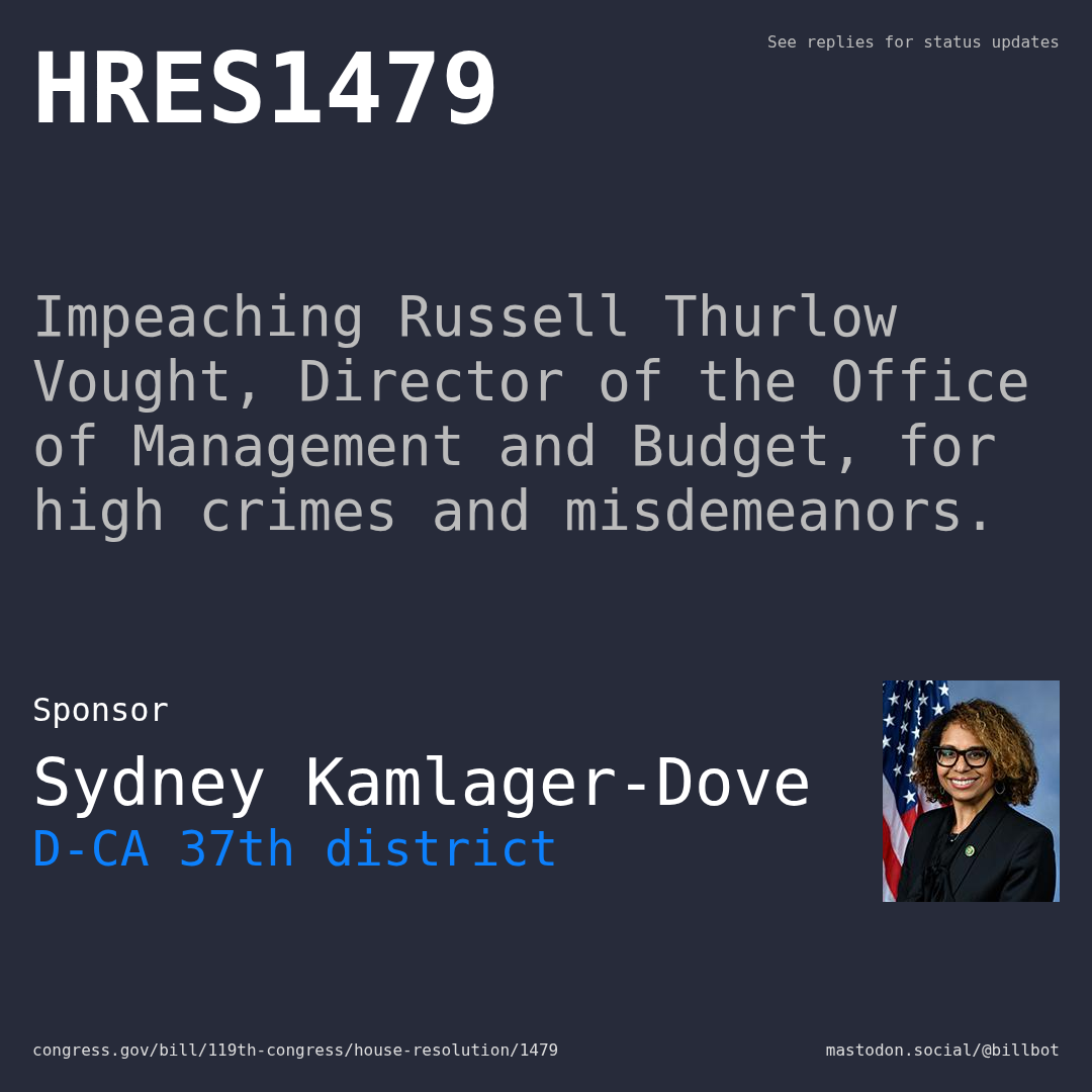 Description of HRES1479, and a depiction of its sponsor, Sydney Kamlager-Dove.