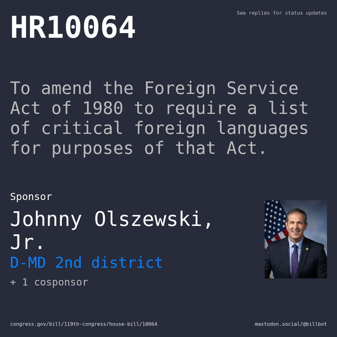 Description of HR10064, and a depiction of its sponsor, Johnny Olszewski, Jr..
