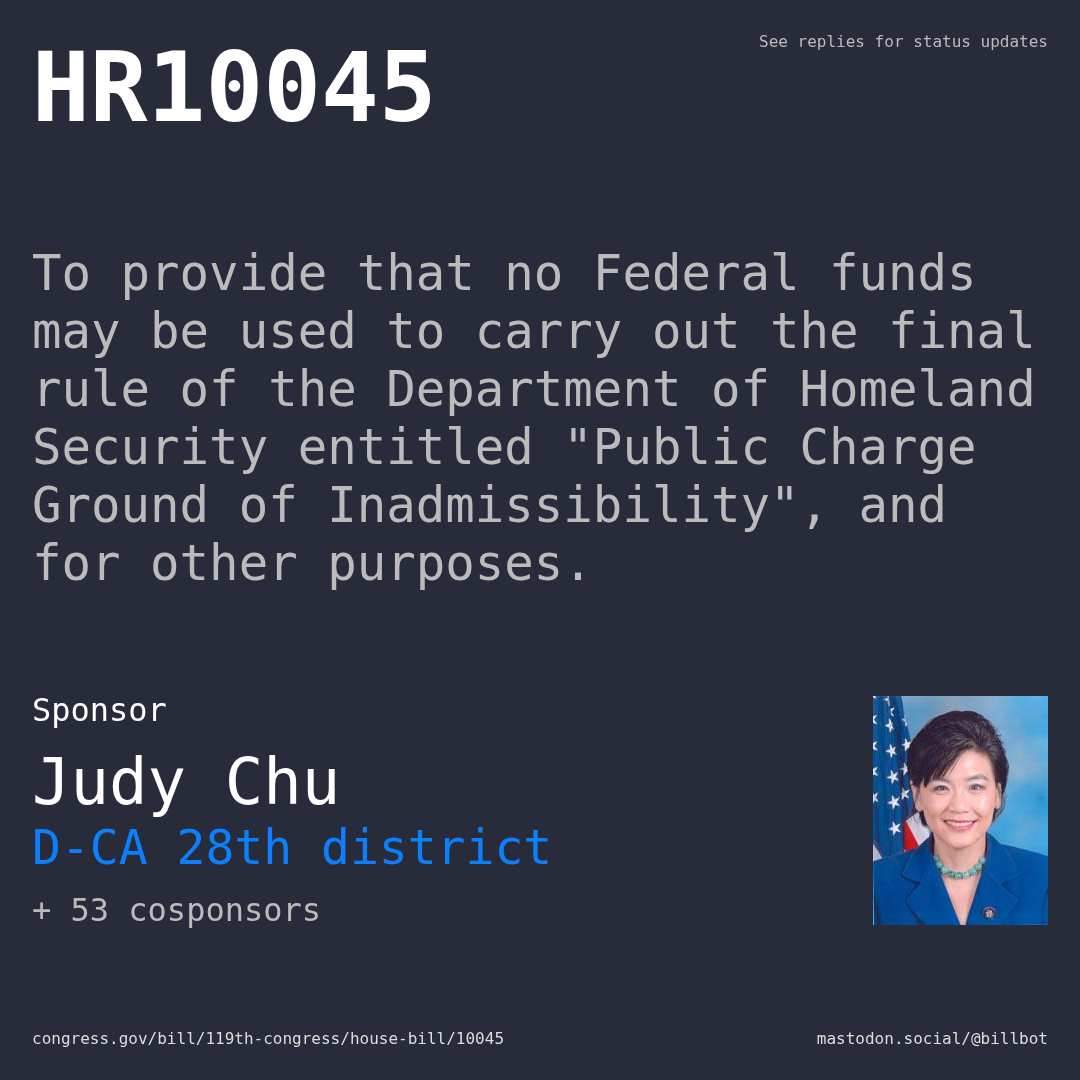 Description of HR10045, and a depiction of its sponsor, Judy Chu.