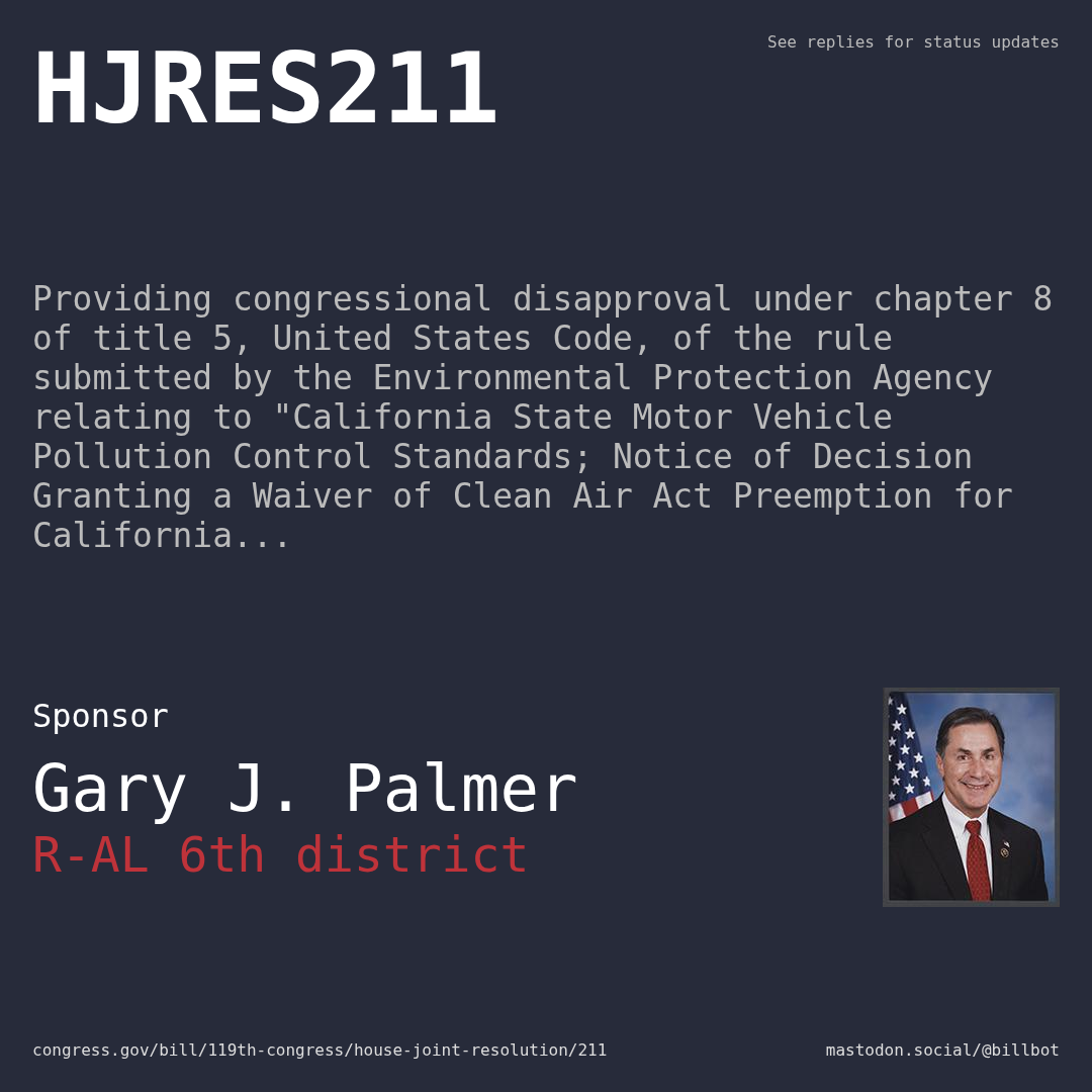 Description of HJRES211, and a depiction of its sponsor, Gary J. Palmer.