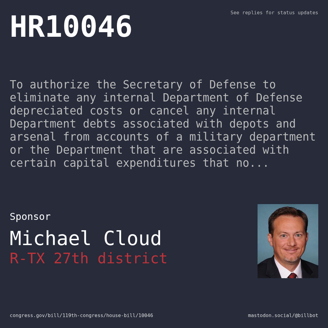 Description of HR10046, and a depiction of its sponsor, Michael Cloud.