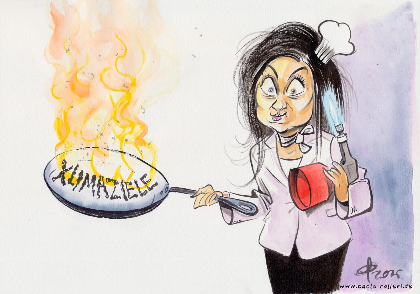 Karikatur "Chef de Teufels Cuisine" aus dem Jahr 2026. Katherina Reiche starrt auf die Pfanne in ihrer rechten Hand. In der Pfanne züngeln Flammen um den Begriff Klimaziele, der bereits verkohlt ist. In der rechten Hand hält sie einen Flambierbrenner aus dem eine blaue Flamme strömt. Auf dem Kopf trägt die Bundeswirtschaftsministerin einen kleinen Kochhut.