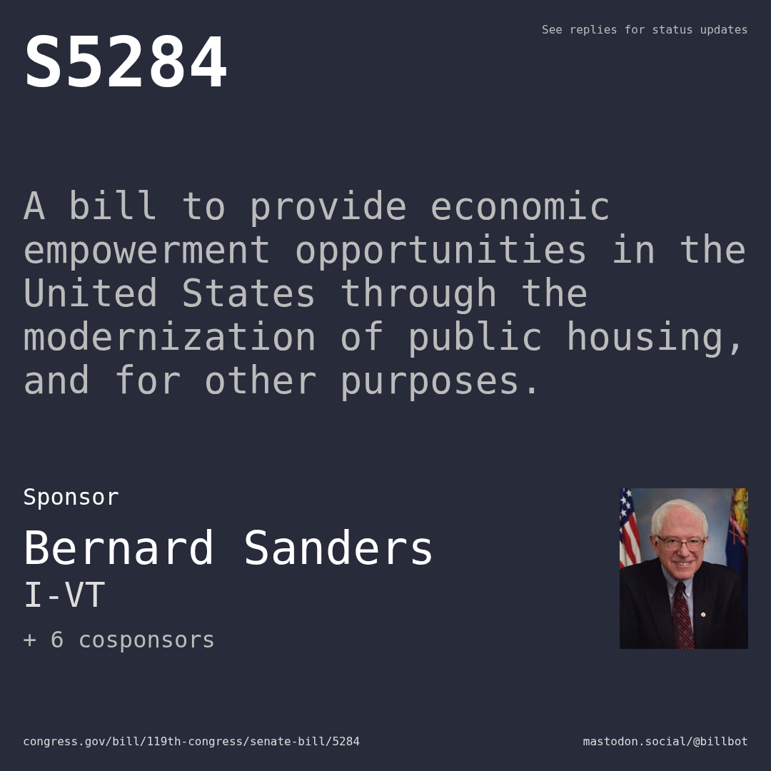 Description of S5284, and a depiction of its sponsor, Bernard Sanders.