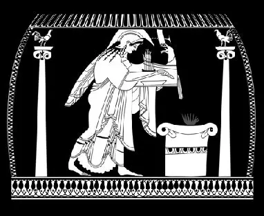 Black-and-white drawing of a red-figure vase painting depicting a burning altar with Ionic volutes that each have a bird on top (likely a cock), and Athena playing the kithara.