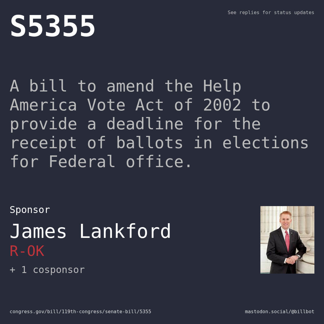 Description of S5355, and a depiction of its sponsor, James Lankford.
