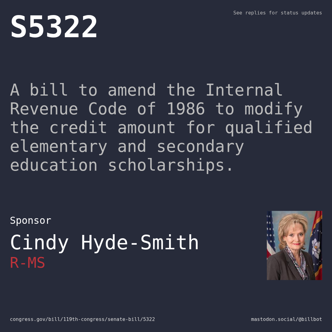 Description of S5322, and a depiction of its sponsor, Cindy Hyde-Smith.