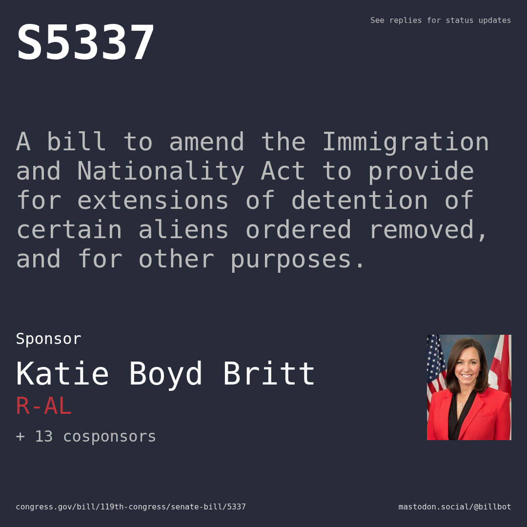Description of S5337, and a depiction of its sponsor, Katie Boyd Britt.