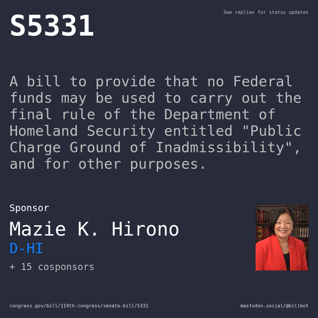 Description of S5331, and a depiction of its sponsor, Mazie K. Hirono.