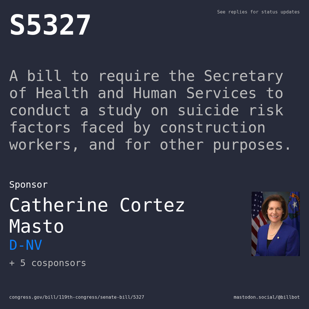 Description of S5327, and a depiction of its sponsor, Catherine Cortez Masto.
