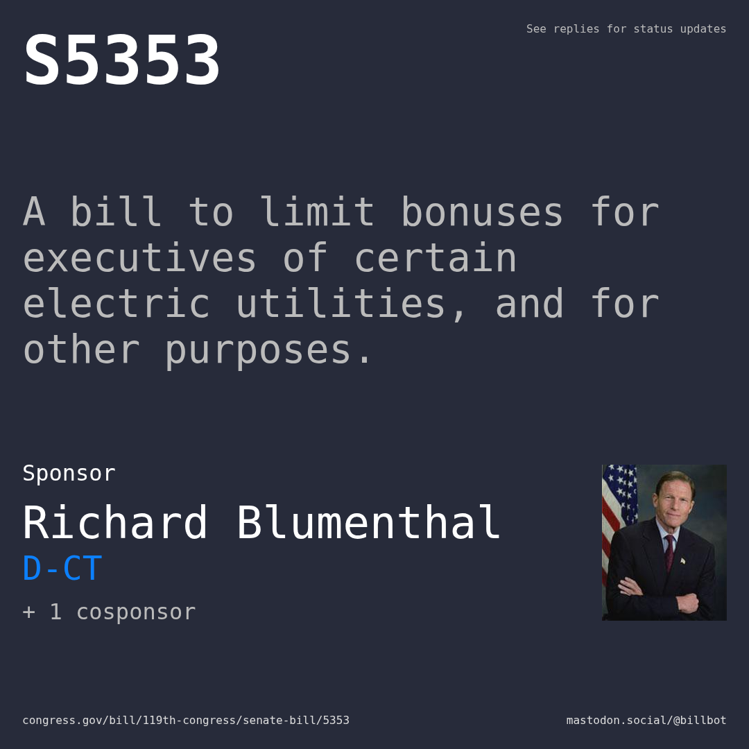 Description of S5353, and a depiction of its sponsor, Richard Blumenthal.