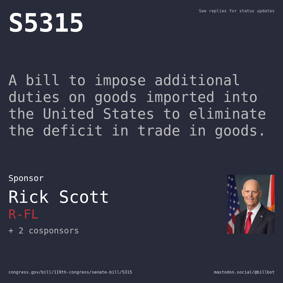 Description of S5315, and a depiction of its sponsor, Rick Scott.