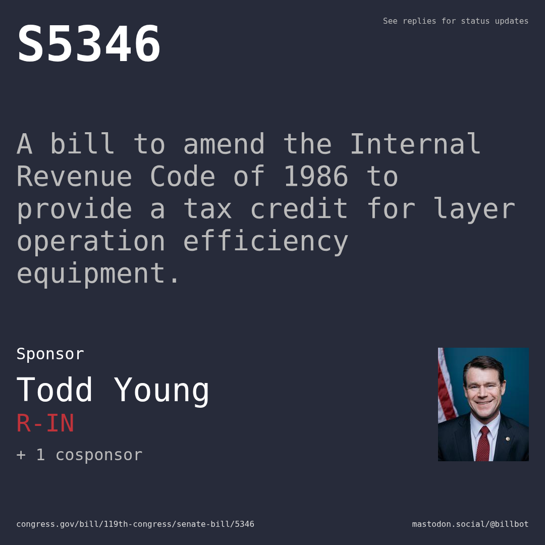 Description of S5346, and a depiction of its sponsor, Todd Young.
