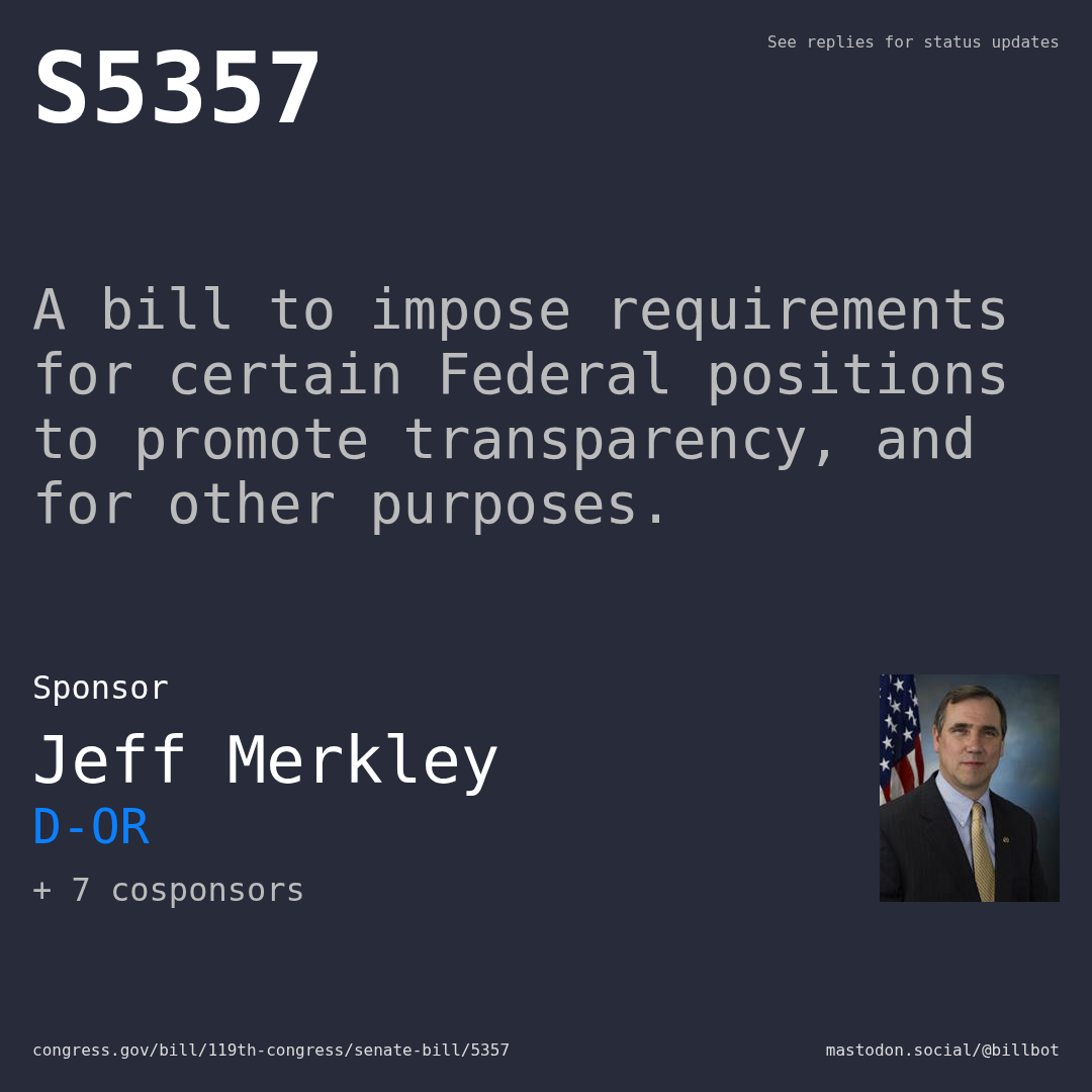 Description of S5357, and a depiction of its sponsor, Jeff Merkley.