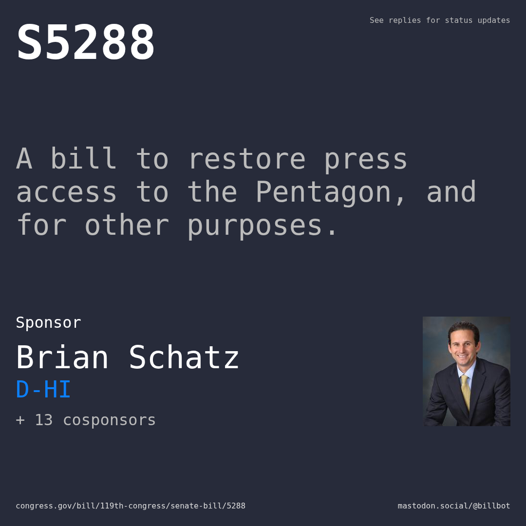Description of S5288, and a depiction of its sponsor, Brian Schatz.