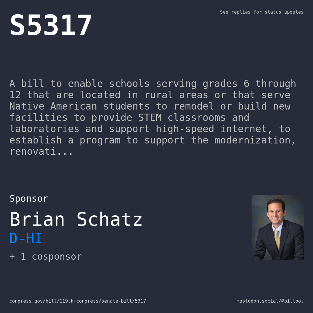Description of S5317, and a depiction of its sponsor, Brian Schatz.