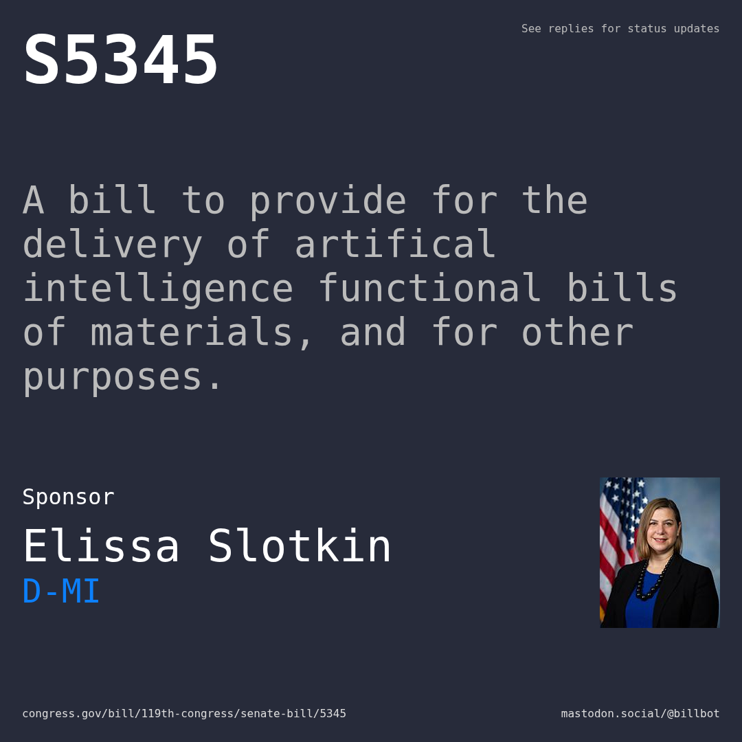 Description of S5345, and a depiction of its sponsor, Elissa Slotkin.