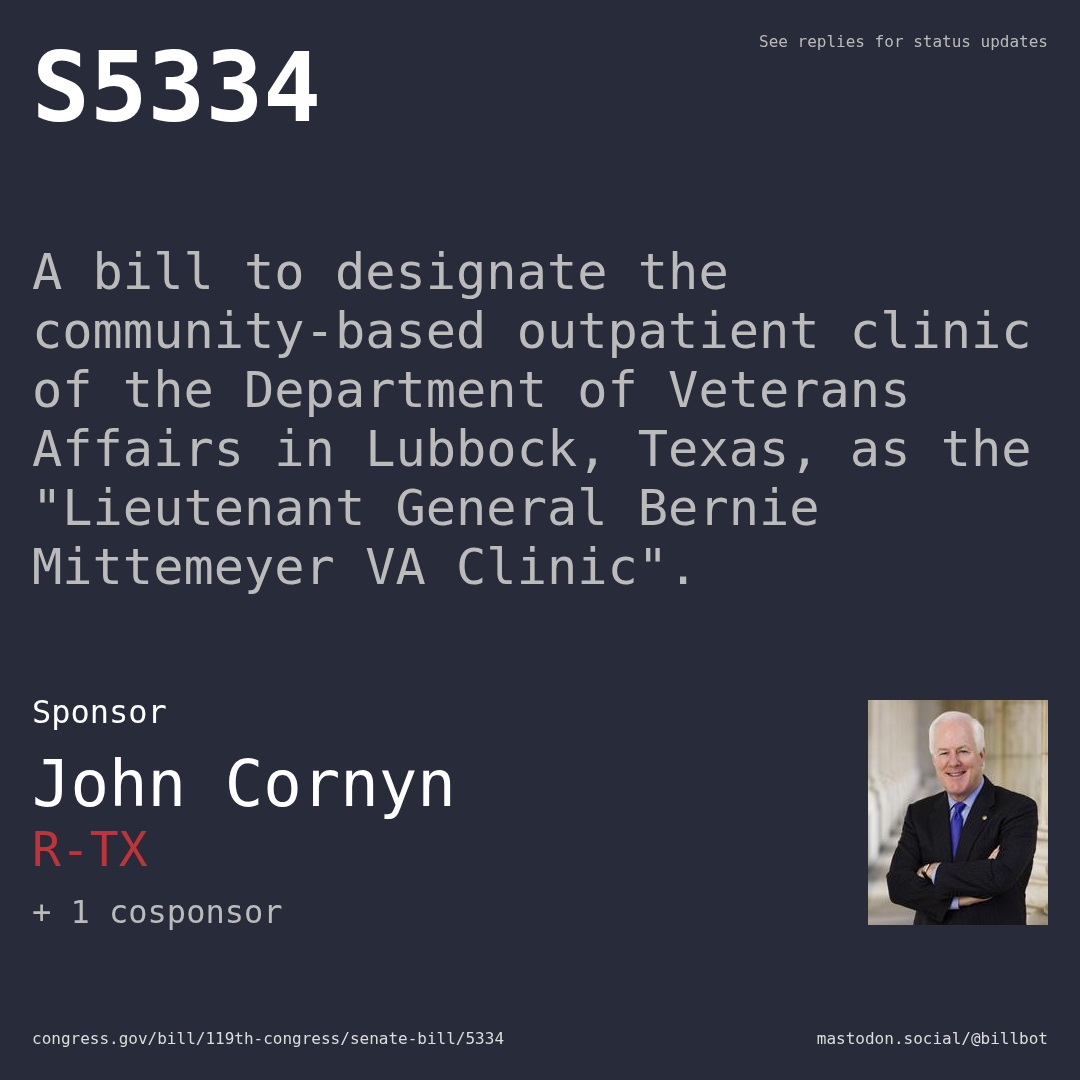 Description of S5334, and a depiction of its sponsor, John Cornyn.