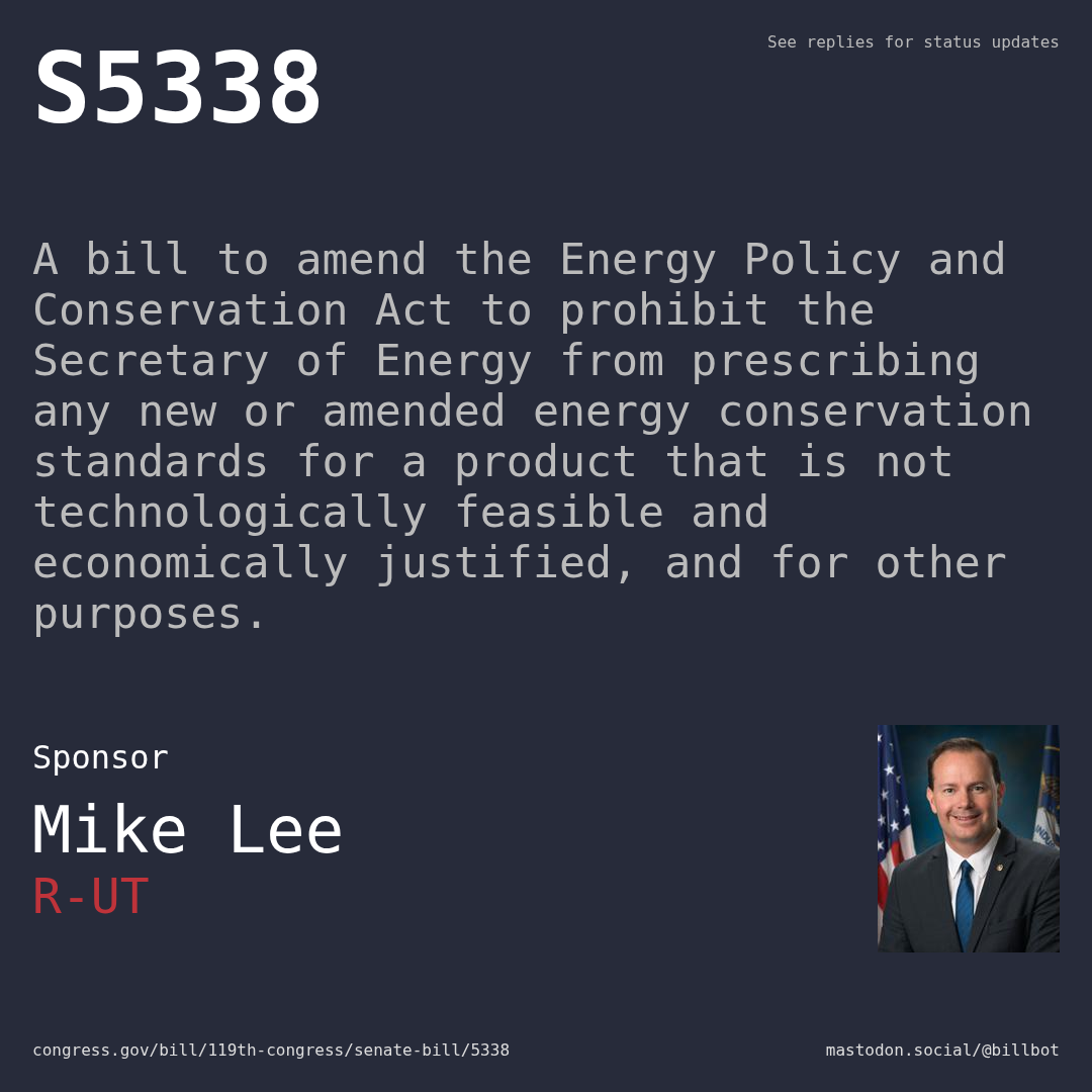 Description of S5338, and a depiction of its sponsor, Mike Lee.