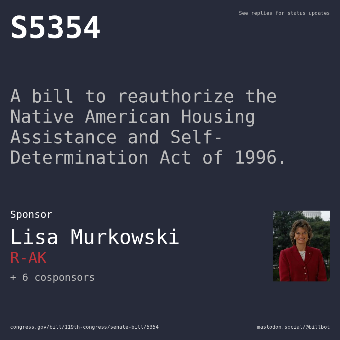 Description of S5354, and a depiction of its sponsor, Lisa Murkowski.
