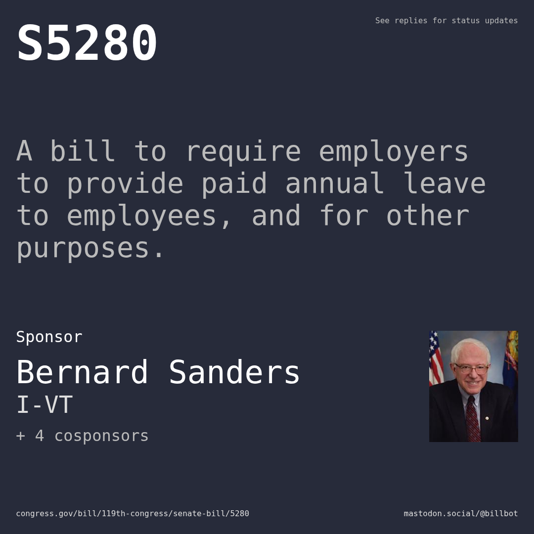 Description of S5280, and a depiction of its sponsor, Bernard Sanders.
