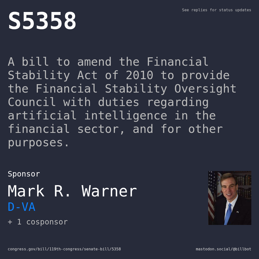 Description of S5358, and a depiction of its sponsor, Mark R. Warner.