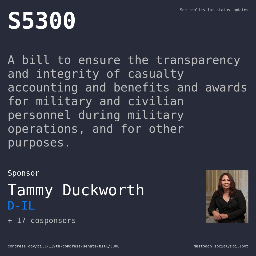 Description of S5300, and a depiction of its sponsor, Tammy Duckworth.