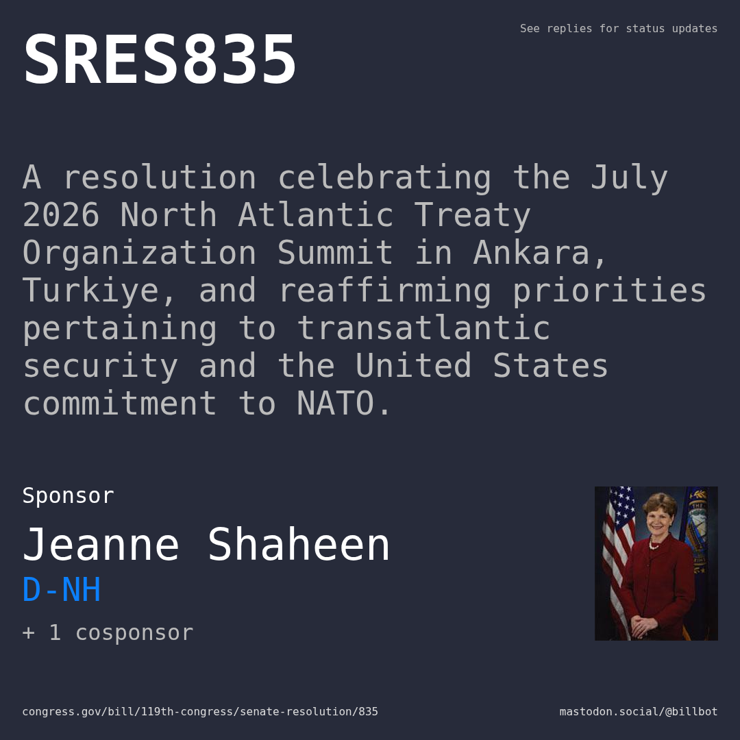 Description of SRES835, and a depiction of its sponsor, Jeanne Shaheen.