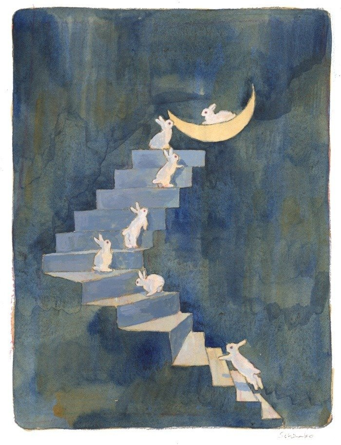 A watercolor painting of several small white rabbits climbing a set of blue stairs set against a dark blue background, with one rabbit sitting comfortably inside a glowing crescent moon at the top.