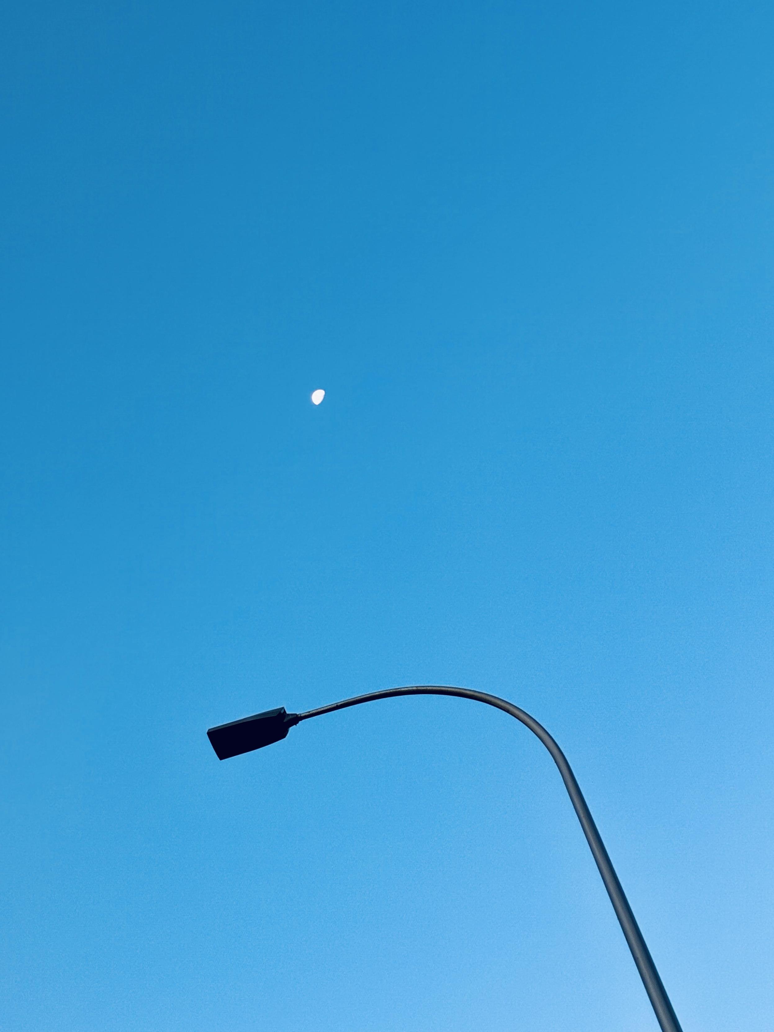 Amanece y con el cielo azul se puede ver la luna, un puntito blanco, sobre una farola.