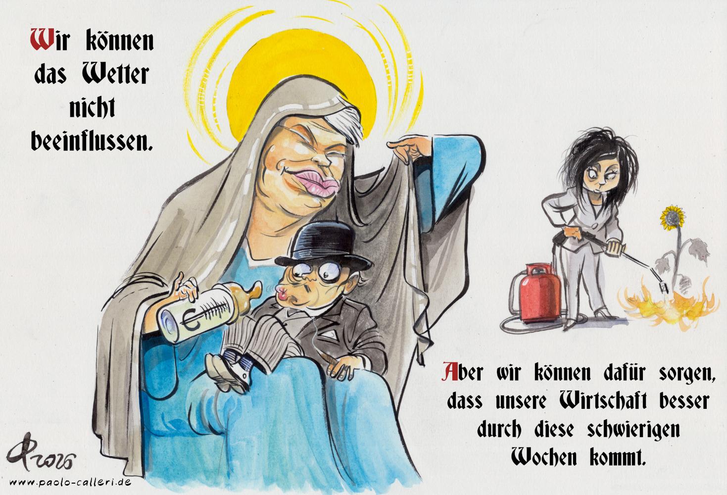 Karikatur "Wirtschaftsmadonna Bilger" aus dem Jahr 2026. Bundesverkehrsminister Bilger in sitzender Haltung, auf seinem Schoß hat ein Anzugträger mit Melone und Zigarre in der linken Hand Platz genommen. Bilger trägt einen Umhang mit dem er dem Anzugträger Schatten spendet. Außerdem bietet er ihm eine Babytrinkflasche mit aufgedrucktem Eurozeichen an. Hinter Bilgers Kopf scheint eine gelbe Sonne. Am rechten Bildrand brennt Katherina Reiche mit einem Unkrautbrenner eine Sonnenblume ab. Das im Bild integrierte Zitat lautet: Wir können das Wetter nicht beeinflussen. Aber wir können dafür sorgen, dass unsere Wirschaft besser durch diese schwierigen Wochen kommt.