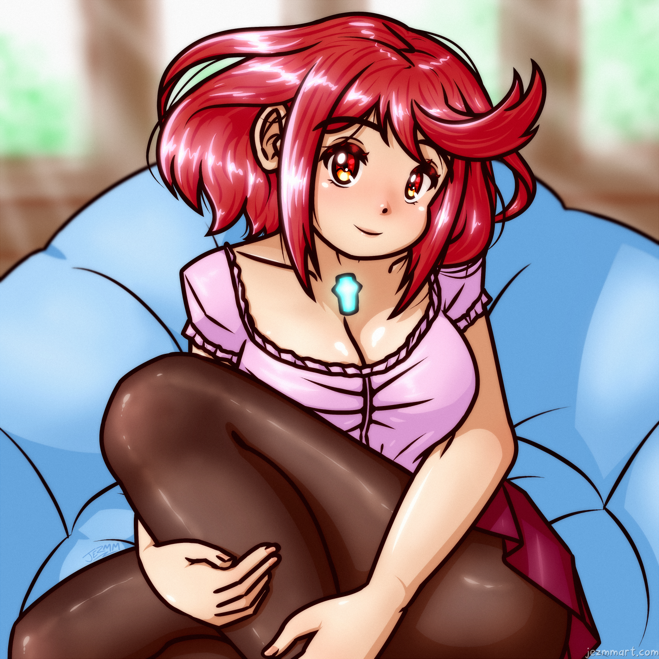 Digital cartoon pin-up illustration of Pyra from Xenoblade Chronicles in casual clothing. Detailed Description Follows:

She is sat in a big bean bag chair, legs slightly off to the side with one knee raised in front of her and the other laying down as she cradles her leg with her arms. Her head is tilted with a warm smile towards the viewer. She's wearing a low-cut light pink blouse, a red frilled mini skirt, and black sheer tights.