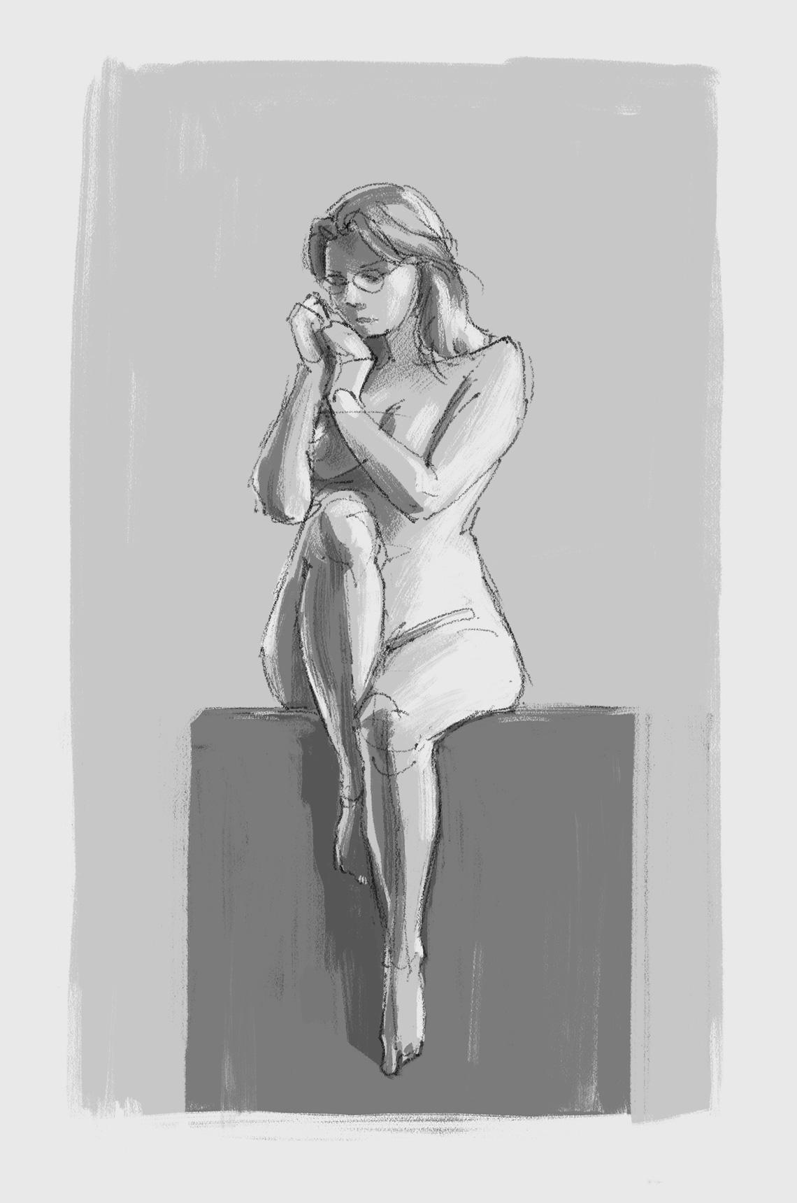 Sketch of a female figure in seated pose.