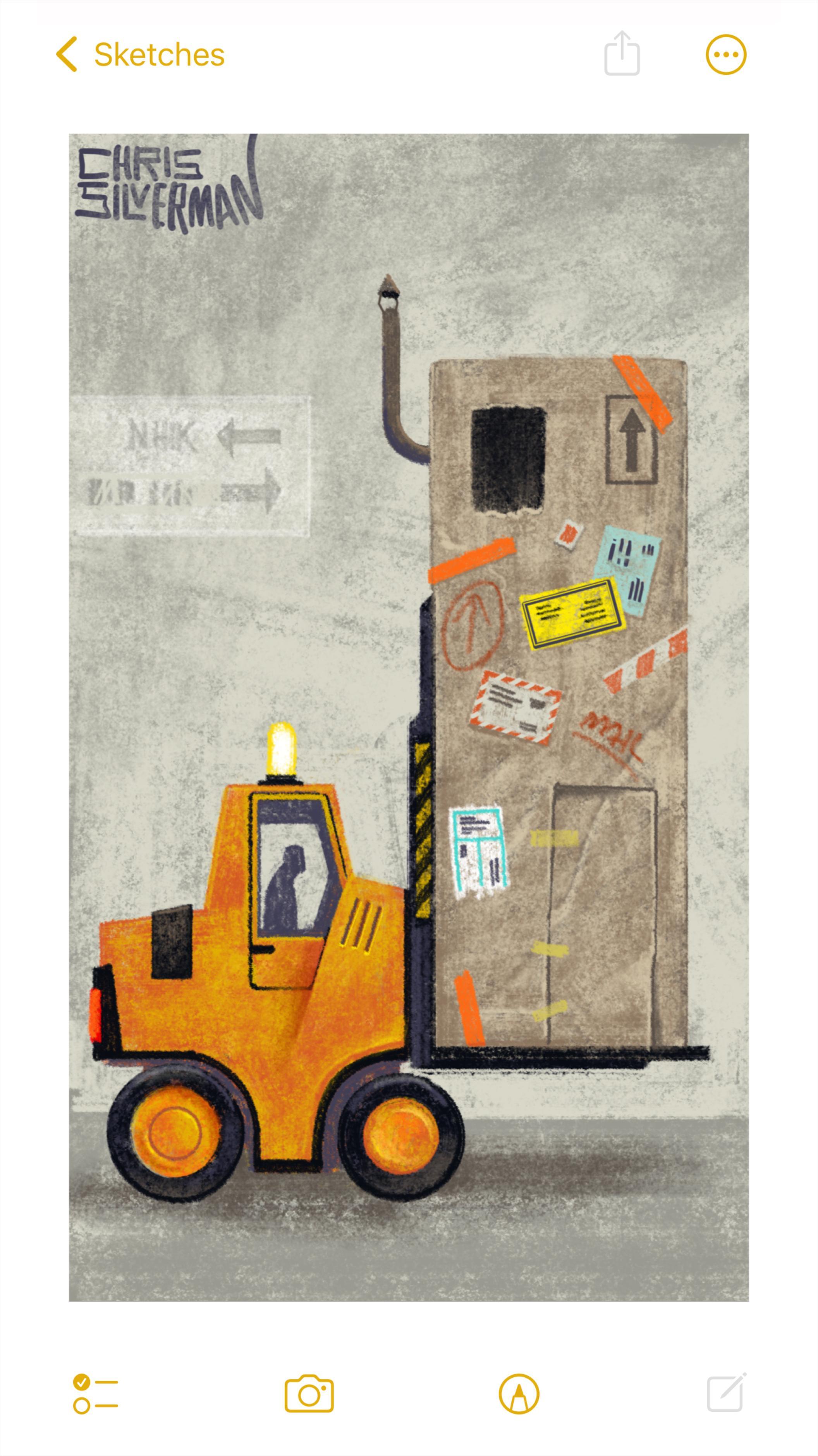 A person drives a bright yellow forklift which is carrying a very large, tall cardboard box covered with colored postal labels and tape. The box has a door roughly cut in it, an open window at the top, and a tall pipe chimney sticking out of the side. The forklift is in a dull concrete warehouse. Dimly visible in the background is an illegible sign with arrows. The painting is signed "Chris Silverman".