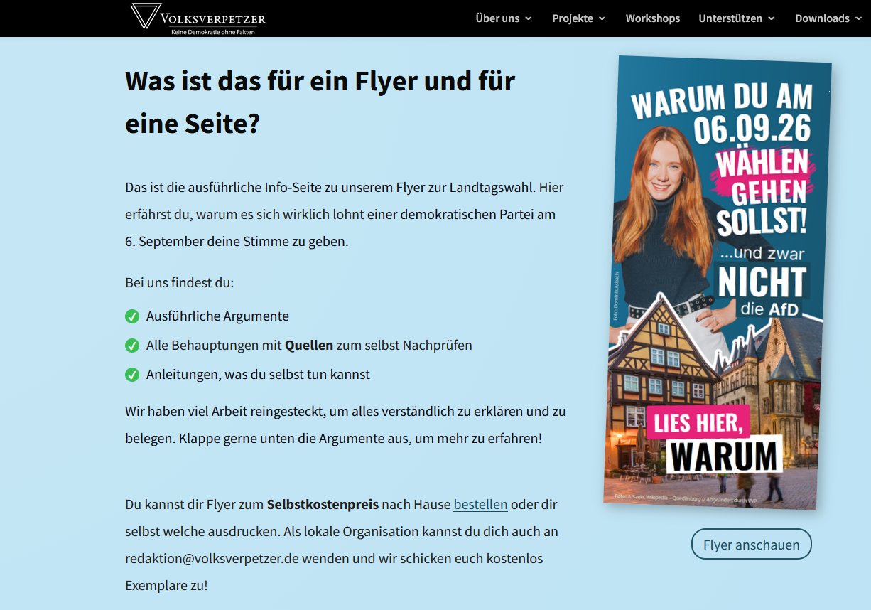 Screenshot: Webseite Volksverpetzer mit Flyeransicht und Bestellmöglichkeit