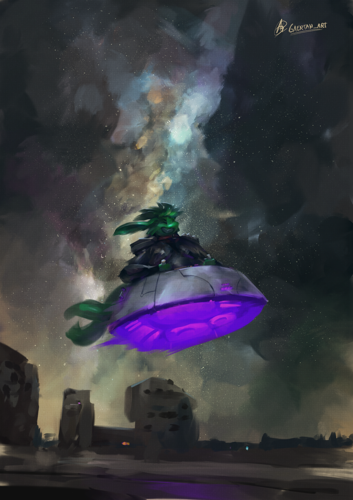 digital illustration showing an astronomical observatory and the milky way in a night scene, near the foreground,, a green anthropomorphic figure is shown, piloting a small circular spaceship.The alien has several ears  and two sets of eyes, as well as two tails and is shown with a big smile, wearing a shiny black suit, while the ship is floating thanks to a set of violet glowing engines,framed by the milky way in the background