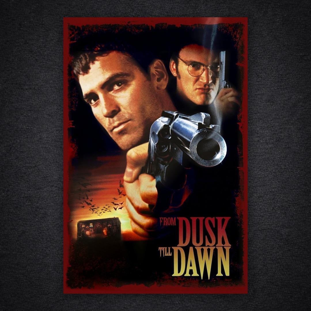 Poster for From Dusk Till Dawn (1996), framed by a red border. A dark-haired man in the foreground aims a large revolver straight at the viewer, while a bespectacled man points a pistol behind him. Below, a desert roadside bar sits under a sunset filled with bats. The title “FROM DUSK TILL DAWN” appears in orange and yellow at the lower right.