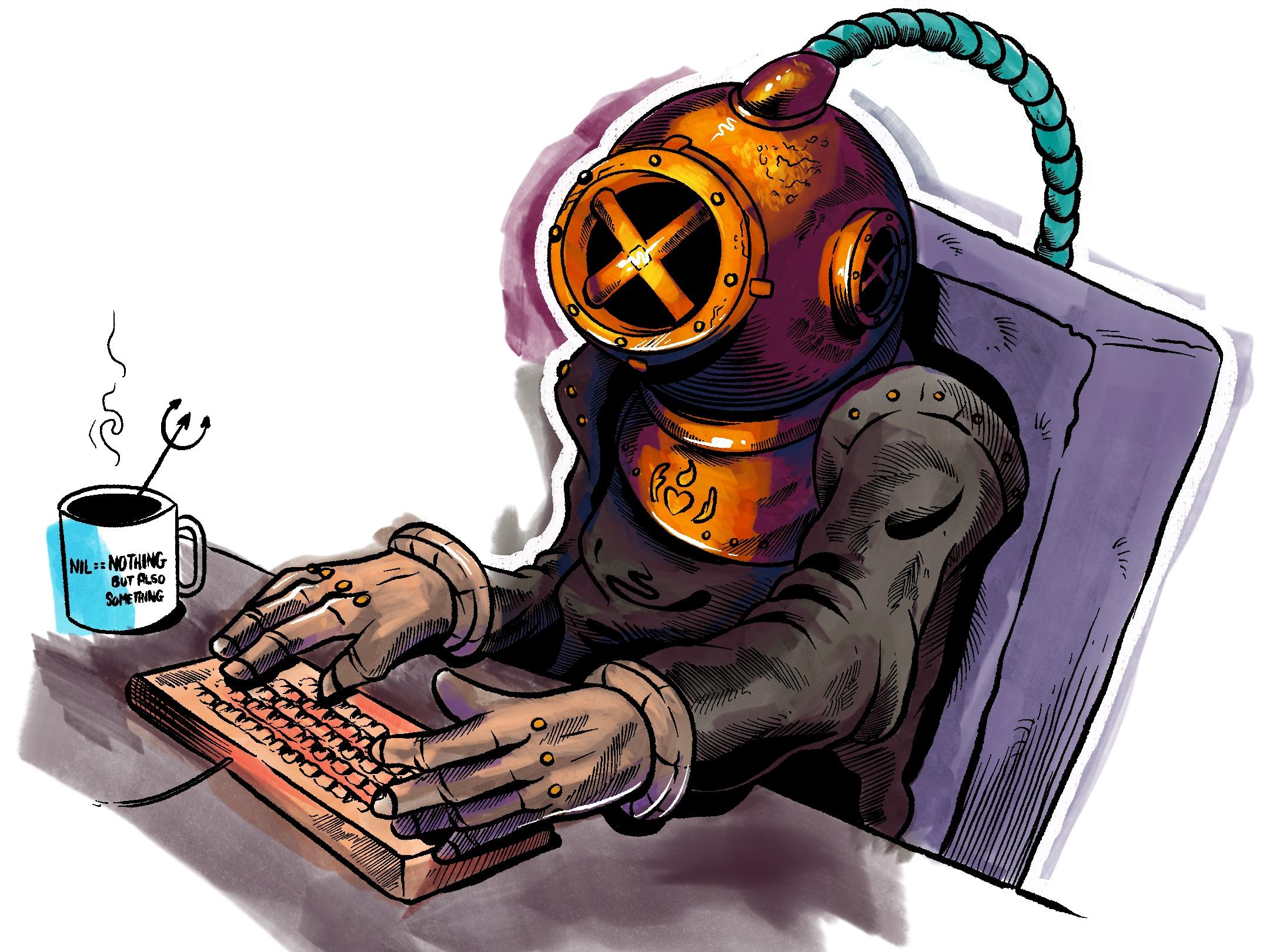 A rough marker styled sketch of a deep sea diver working at a keyboard while drinking coffee