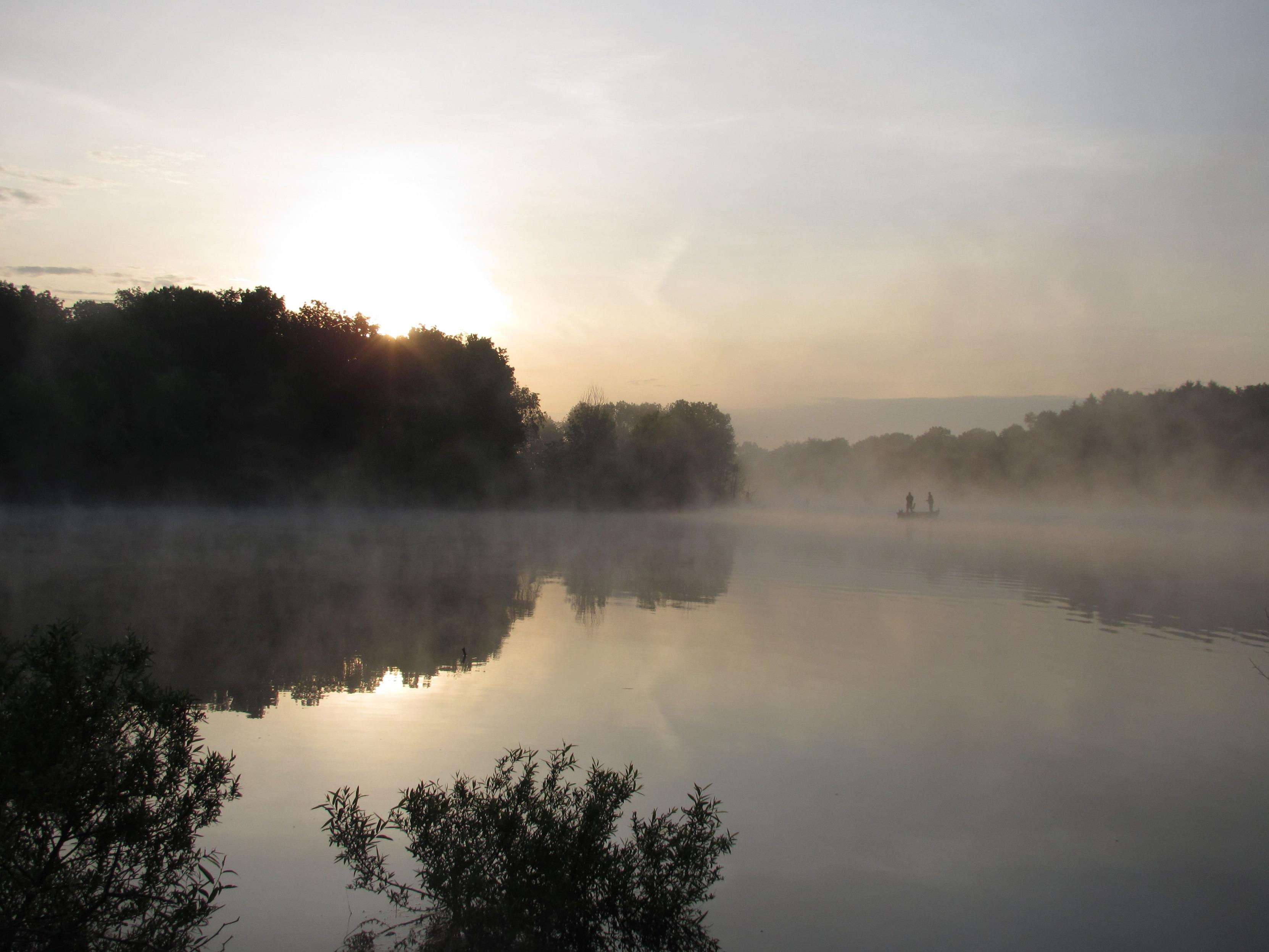 On a misty lake, two fishermen stand upright in a small boat in the distance. A couple of low shrubs grow along the near shore where the photo was taken. Across the water, the sun is topping the trees growing on the opposite shore which is reflected on the lake's surface. It's summertime, summertime, sum,sum, summertiiime.