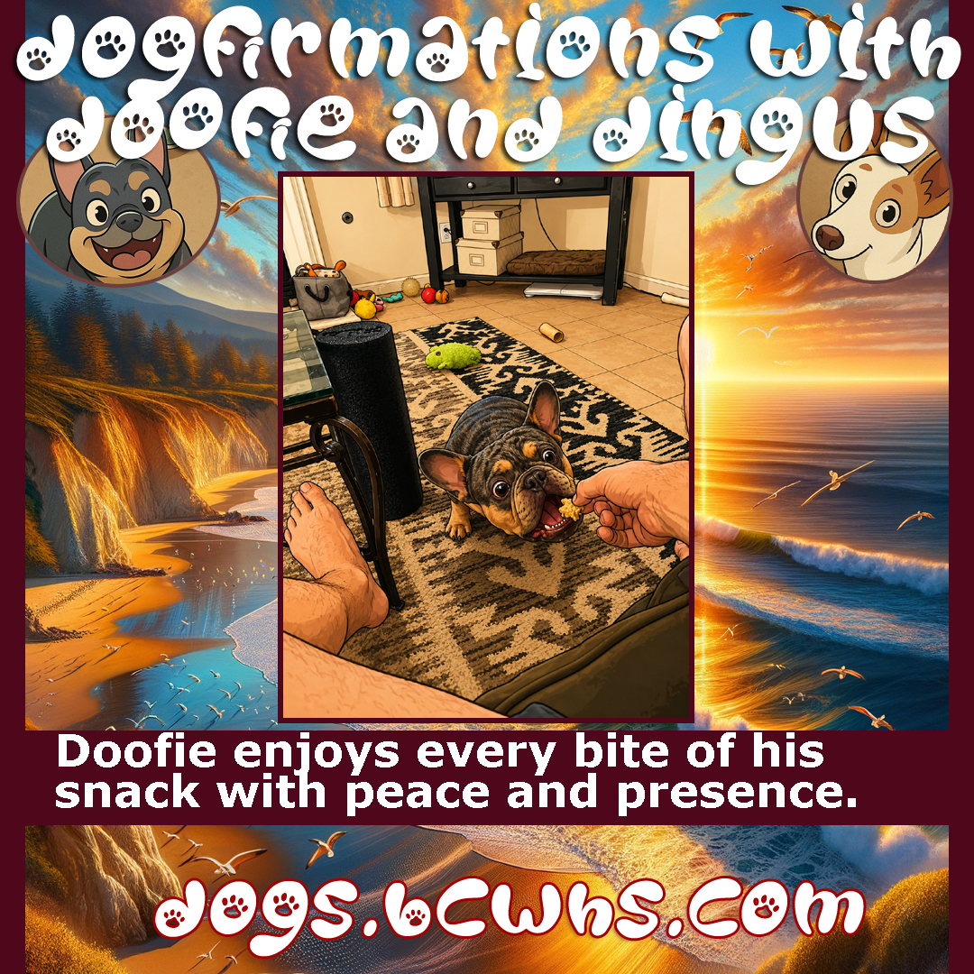 Dogfirmations with Doofie and Dingus: Existence
 
Doofie enjoys every bite of his snack with peace and presence.